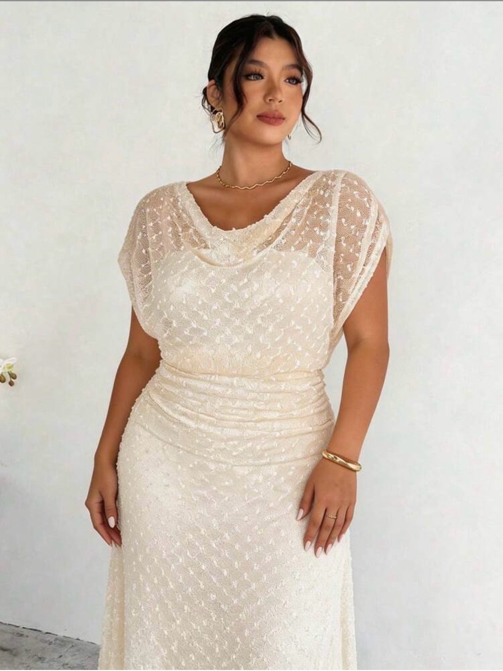 Cream Textured Midi Dress with Draped Neckline